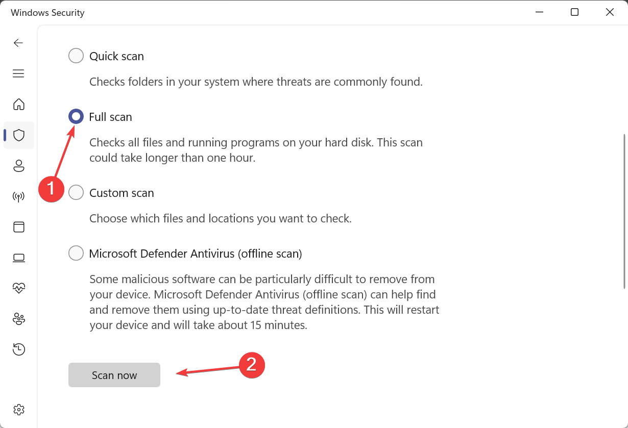 Запуск полного сканирования в Windows Security