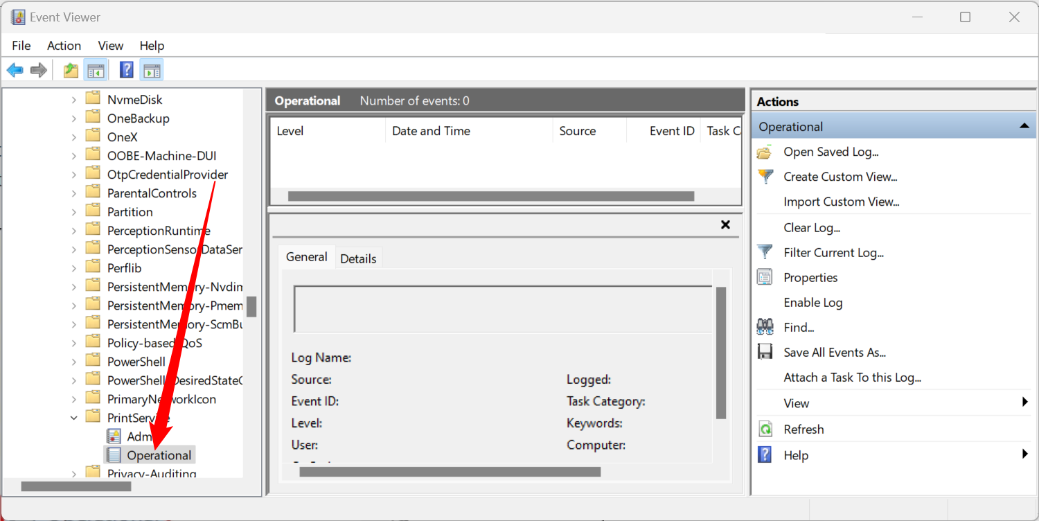 Откройте PrintService → Operational в Просмотре событий
