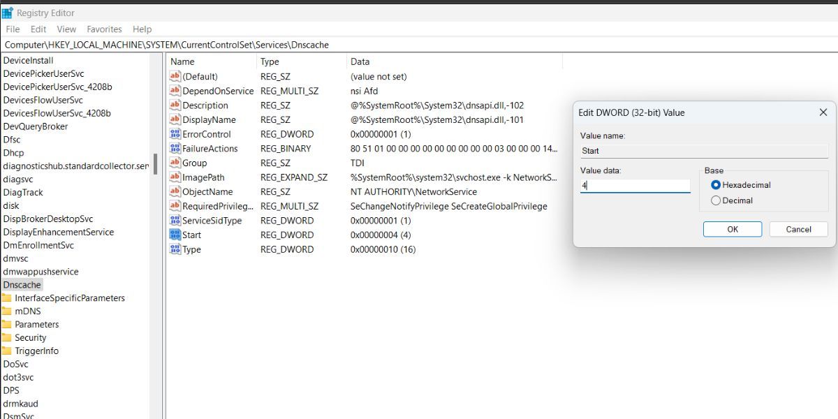 Редактор реестра: изменение параметра Start для Dnscache