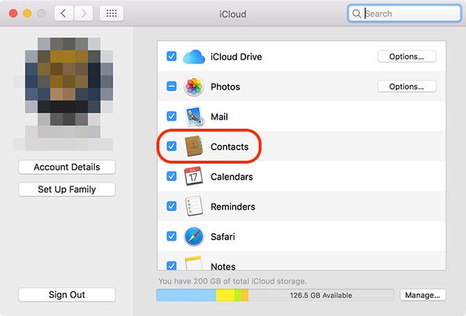 Включение контактов iCloud на Mac