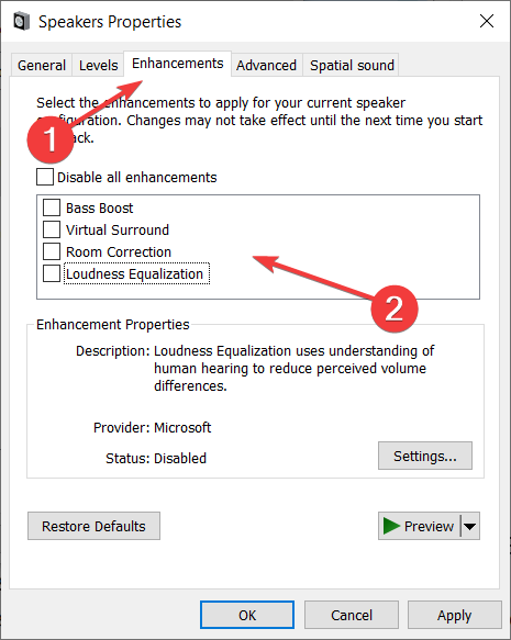 Параметры улучшений звука в Windows