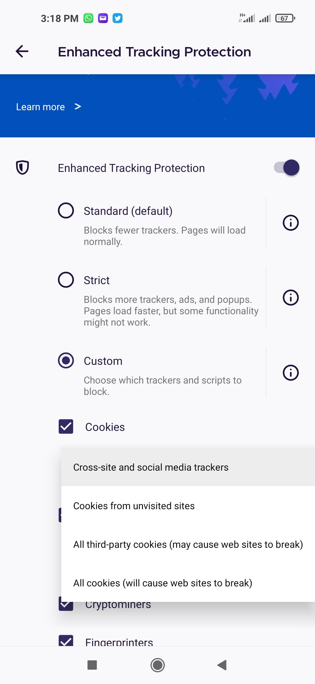 Выбор типа cookie в мобильном Firefox