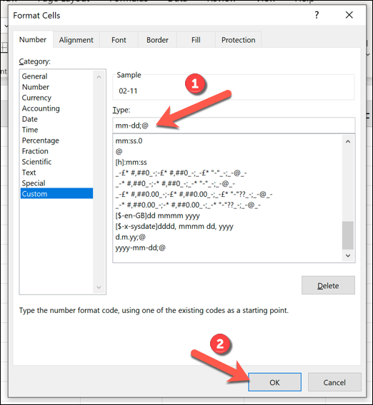 Удалите yy или yyyy в поле Тип, затем нажмите OK.