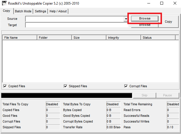 Окно Unstoppable Copier: выбор источника