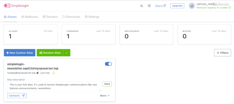 Рабочая панель SimpleLogin с дашбордом
