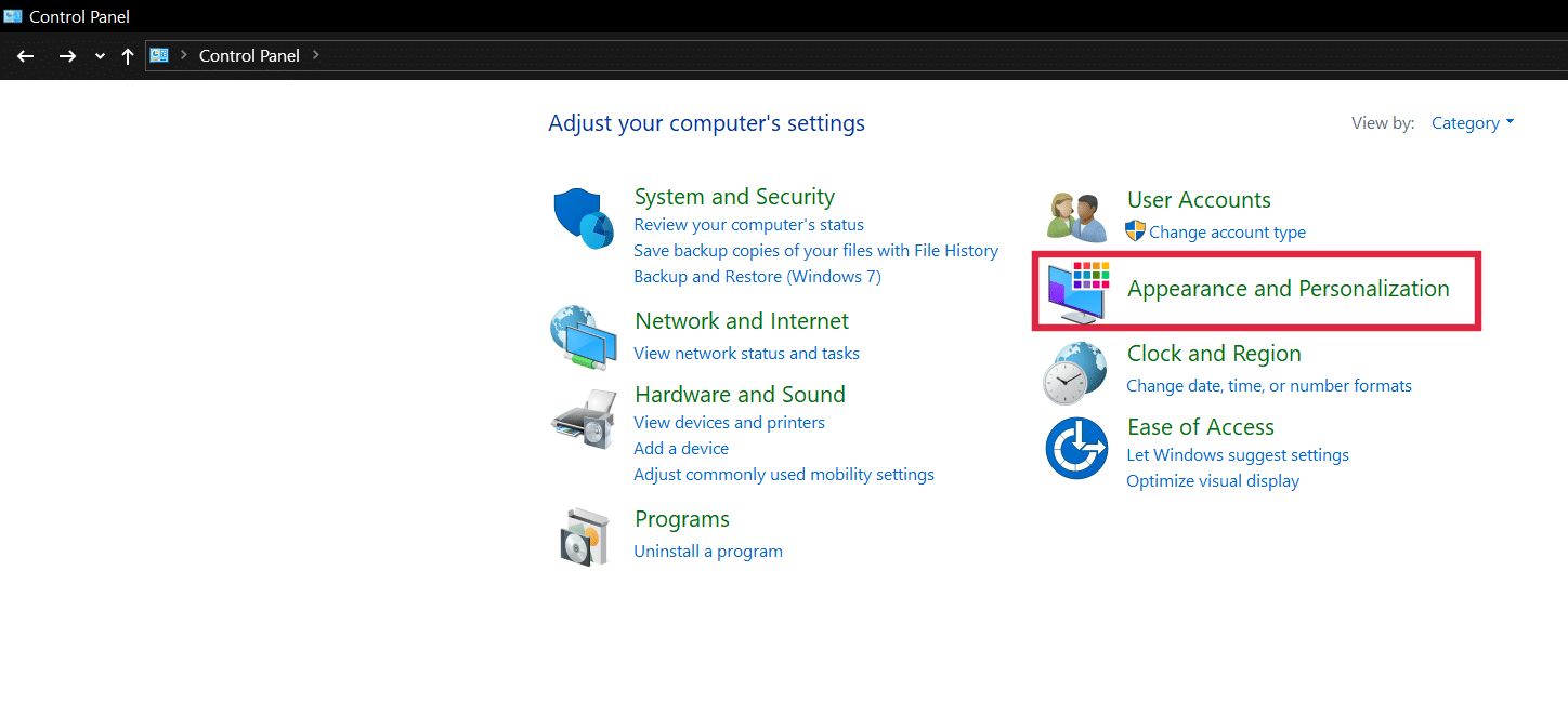 Раздел Оформление и персонализация в Панели управления