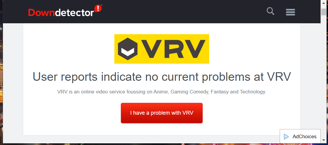 Страница VRV на Downdetector — отчёты о сбоях
