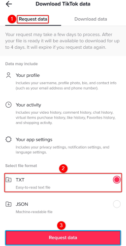 Выберите формат «TXT» и нажмите «Request Data».