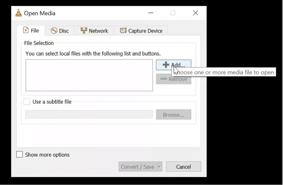 Скриншот: использование функции Конвертировать/Сохранить в VLC