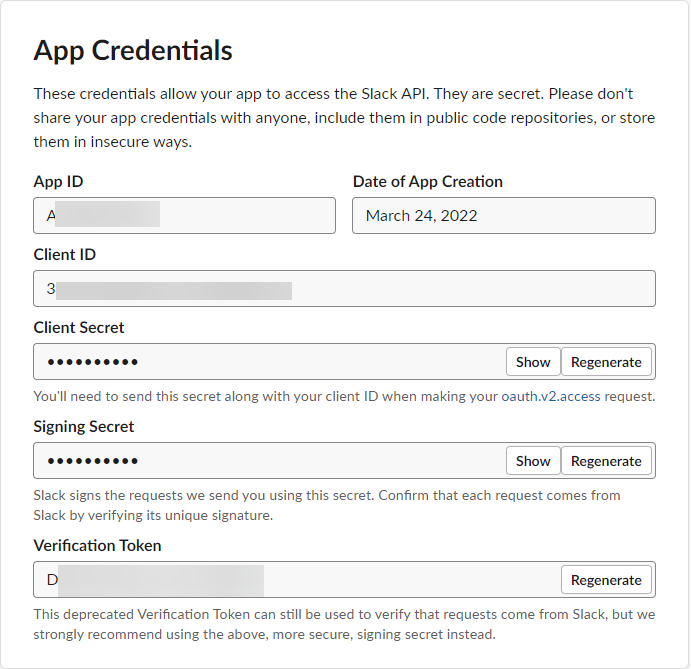 Данные клиента Slack: Client ID и Client Secret
