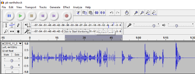 Таймлайн редактирования в Audacity с выделенной дорожкой
