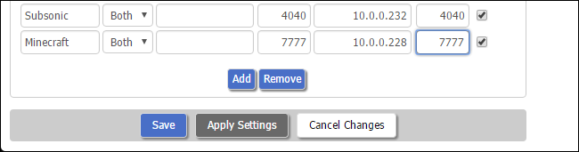 Пример правил для Minecraft и Subsonic