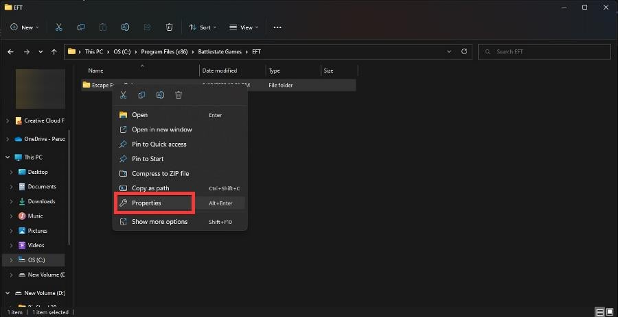 Контекстное меню папки с пунктом Свойства