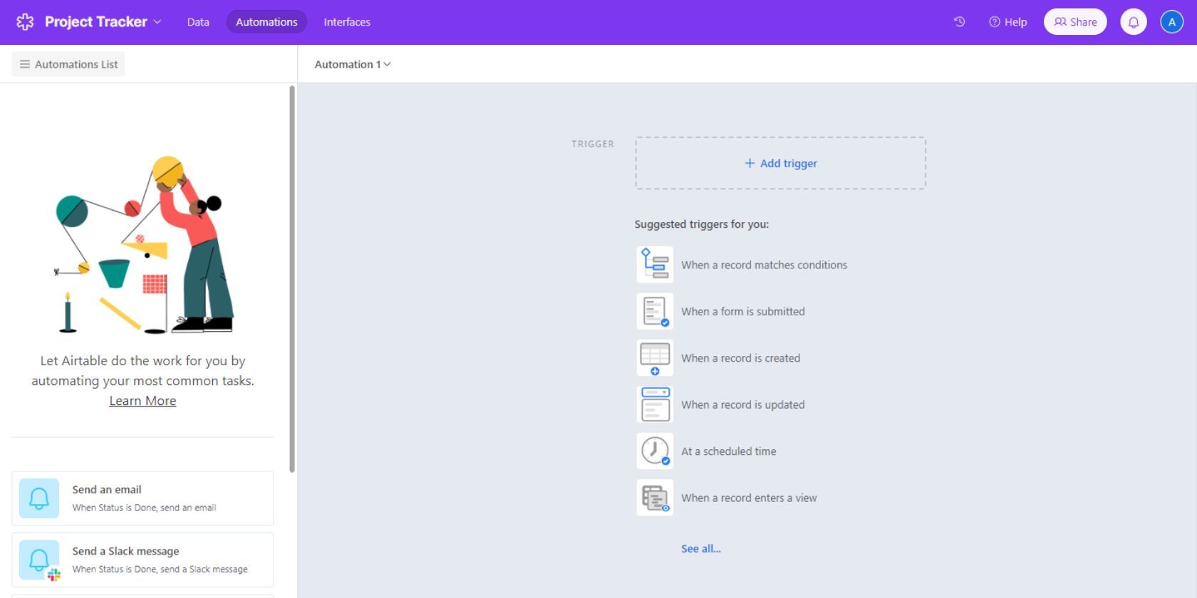 Скриншот страницы автоматизаций в Airtable