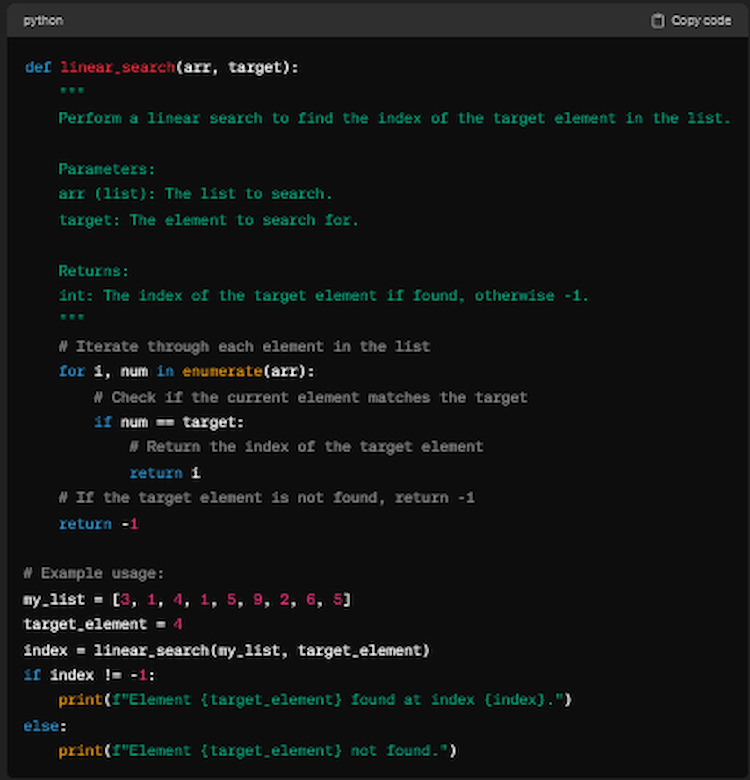 Функция линейного поиска на Python с комментариями, поясняющими шаги