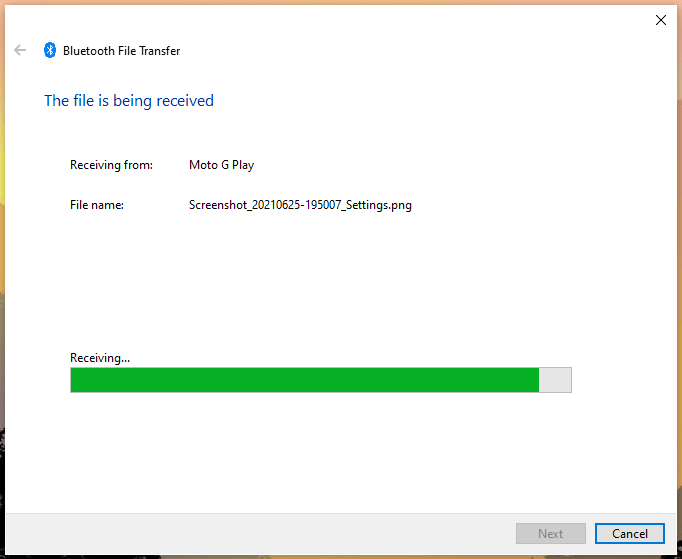 Windows показывает процесс приёма файла по Bluetooth