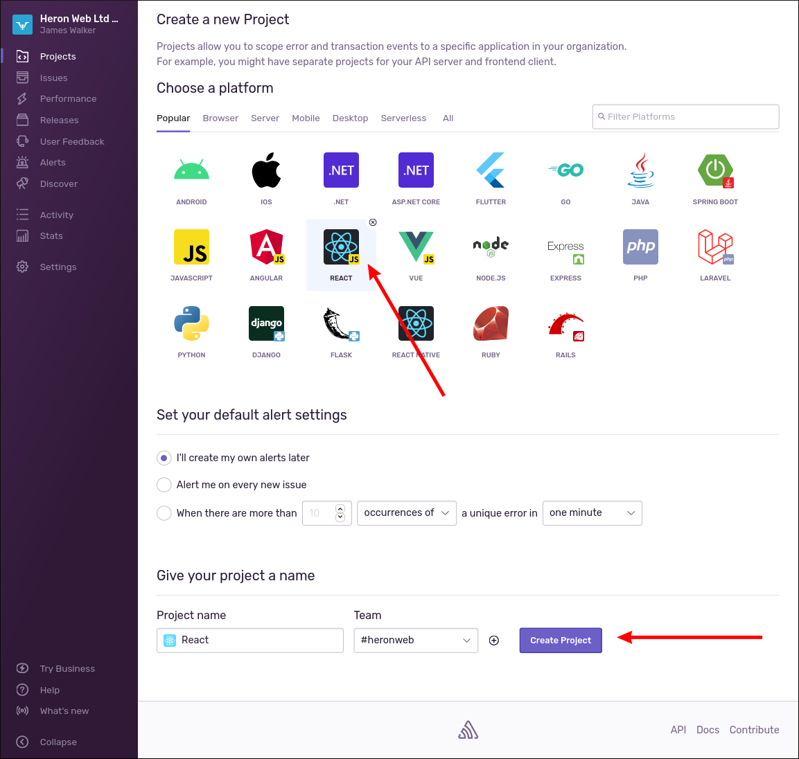 Скриншот добавления нового React-проекта в Sentry