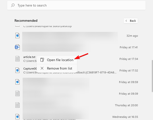 Открытие расположения файла через рекомендованные элементы Пуска