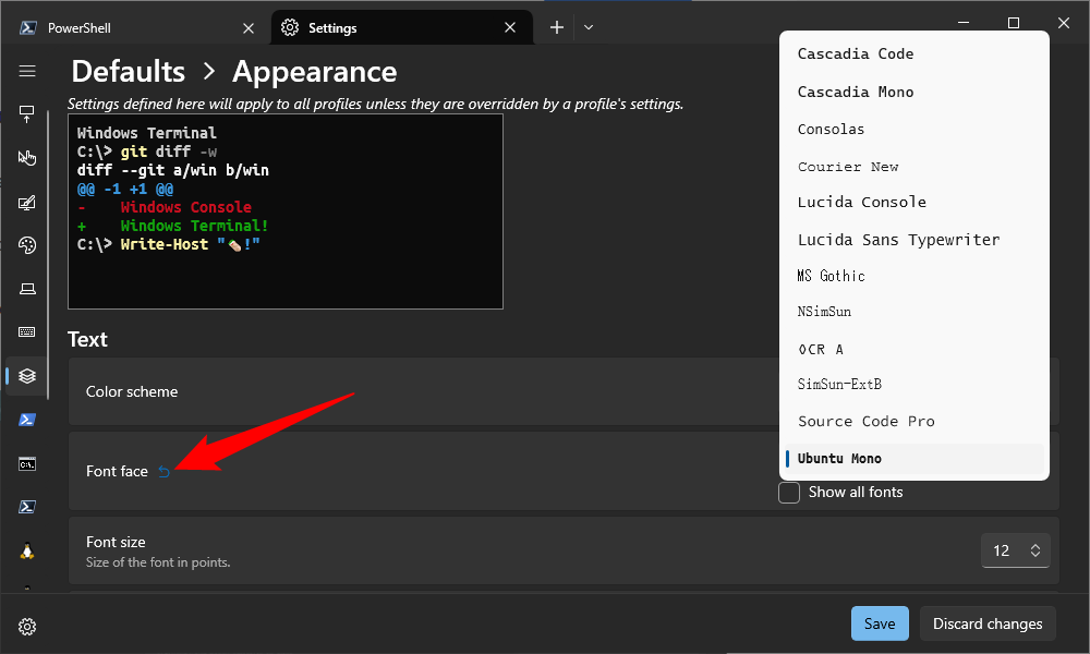Включение шрифта Ubuntu Mono в Windows Terminal.