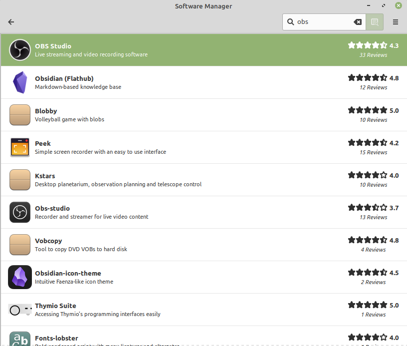 Поиск OBS в менеджере программ Linux Mint