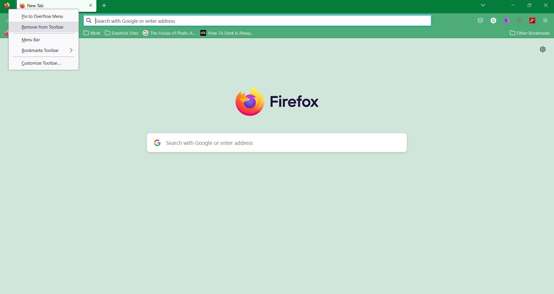 Удаление вкладки из панели инструментов Firefox
