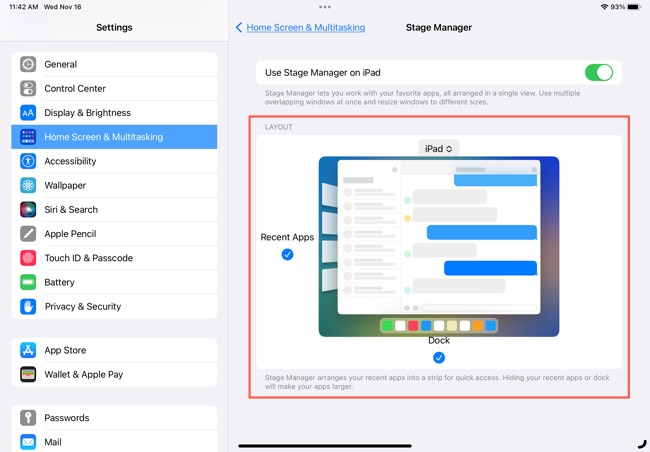 Stage Manager layout in the Settings