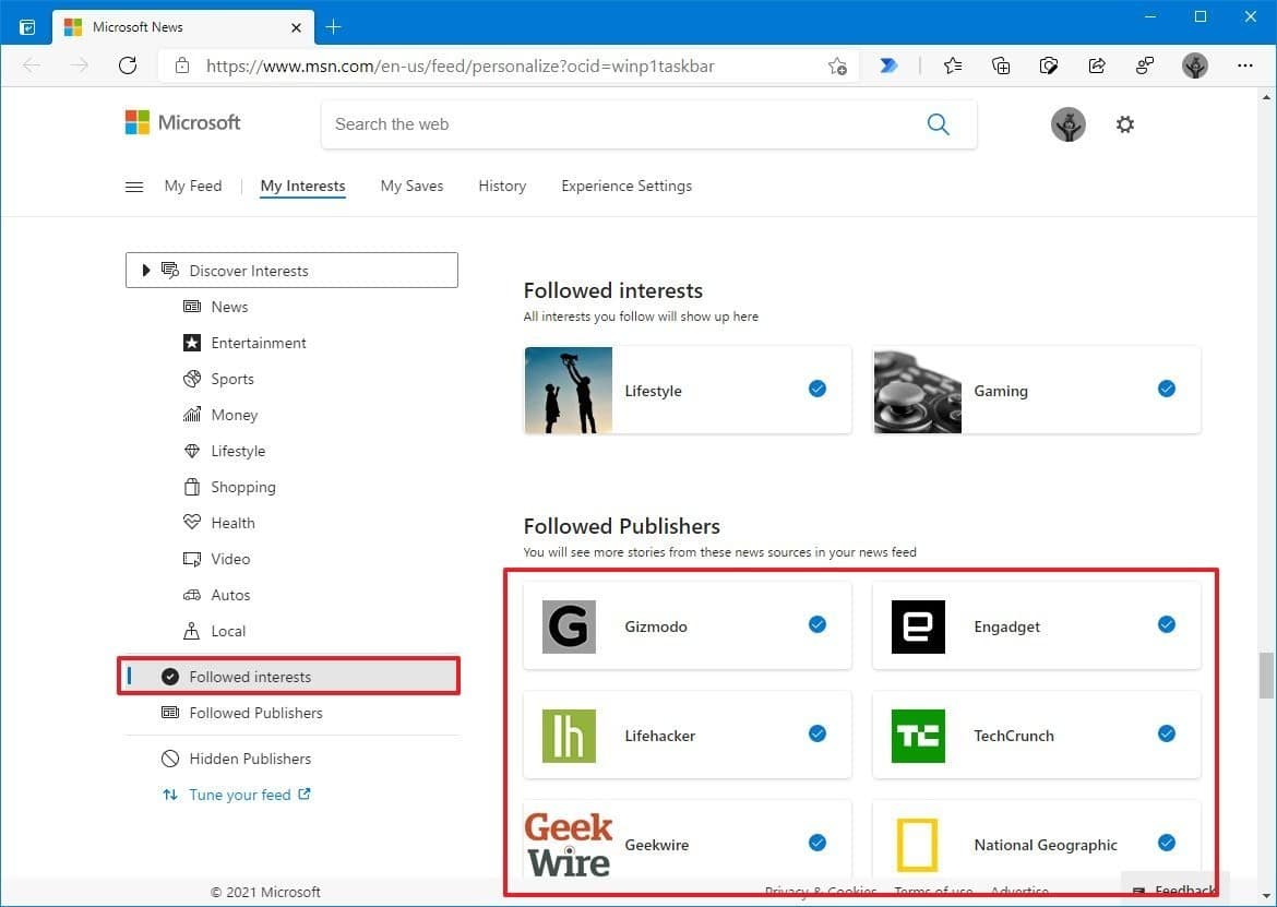Настройки подписок и издателей в виджете