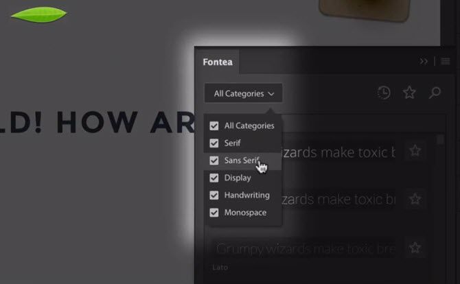 Предпросмотр шрифтов Fontea внутри панели Photoshop
