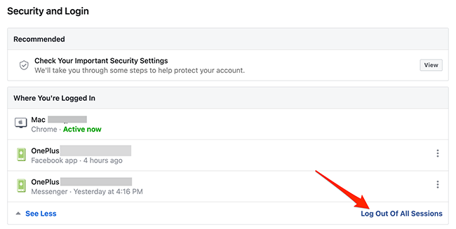 Нажмите «Выйти из всех сеансов» на странице «Безопасность и вход» сайта Facebook
