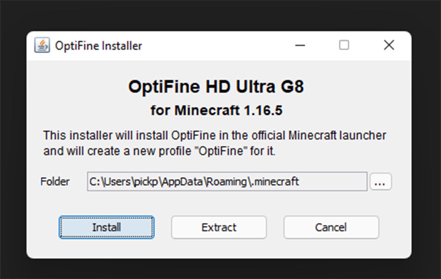 Окно инсталлятора OptiFine