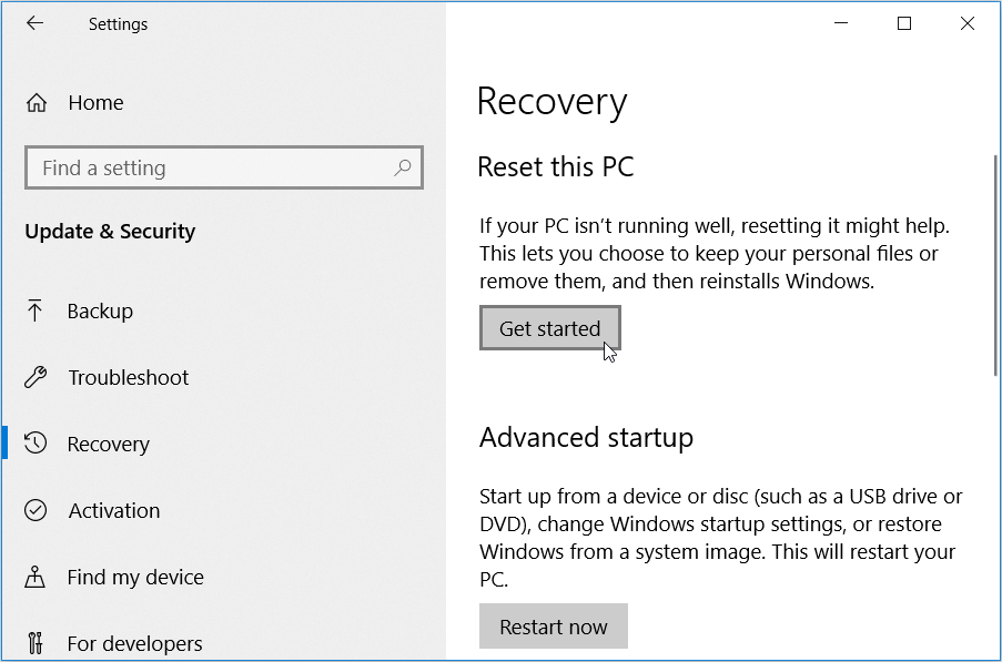 Сброс компьютера Windows
