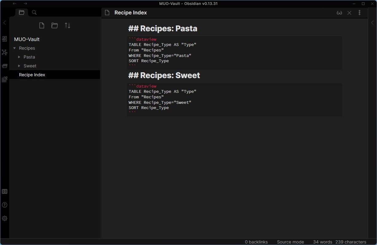 Две соседних таблицы с различными фильтрами (pasta vs sweet)