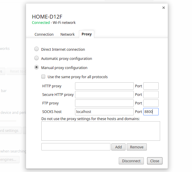 Настройка прокси в Chrome OS — вручную указываем SOCKS localhost:8800