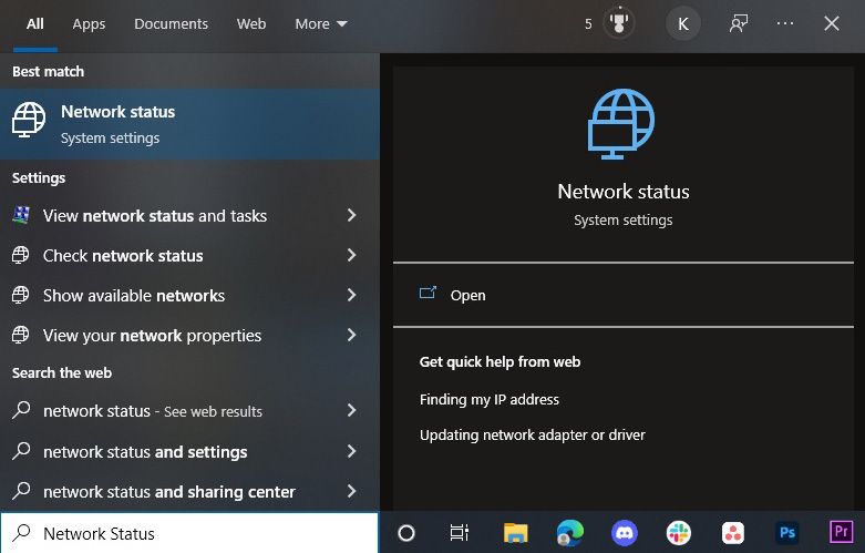 Строка поиска Windows с запросом «Сетевой статус»