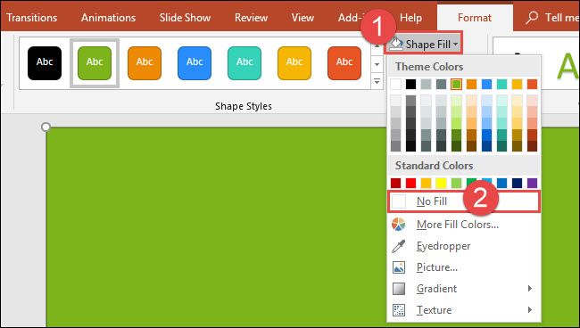 Меню Заливка фигуры с опцией Без заливки