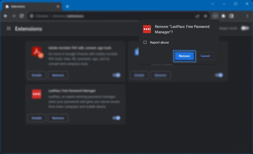 всплывающее окно подтверждения удаления расширения LastPass в Chrome