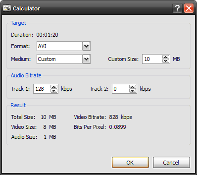Калькулятор Avidemux для расчёта итогового размера