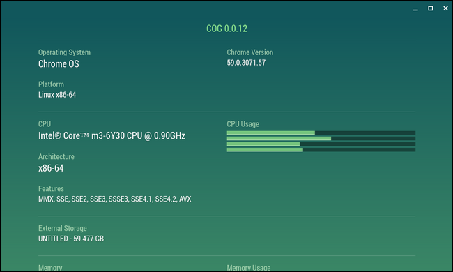 Интерфейс Cog с обзорной информацией о системе