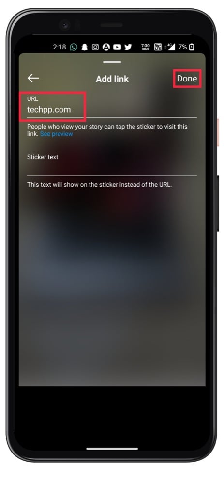Окно добавления ссылки в сторис