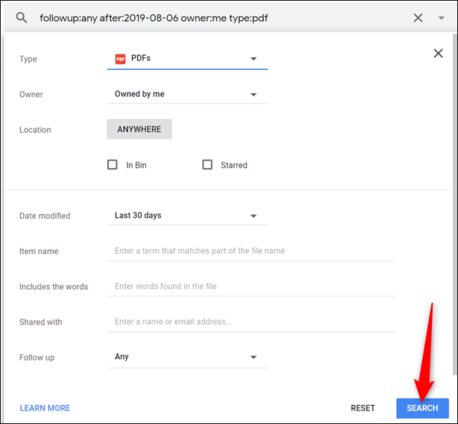 Заполните подходящие поля в панели расширенного поиска, затем нажмите