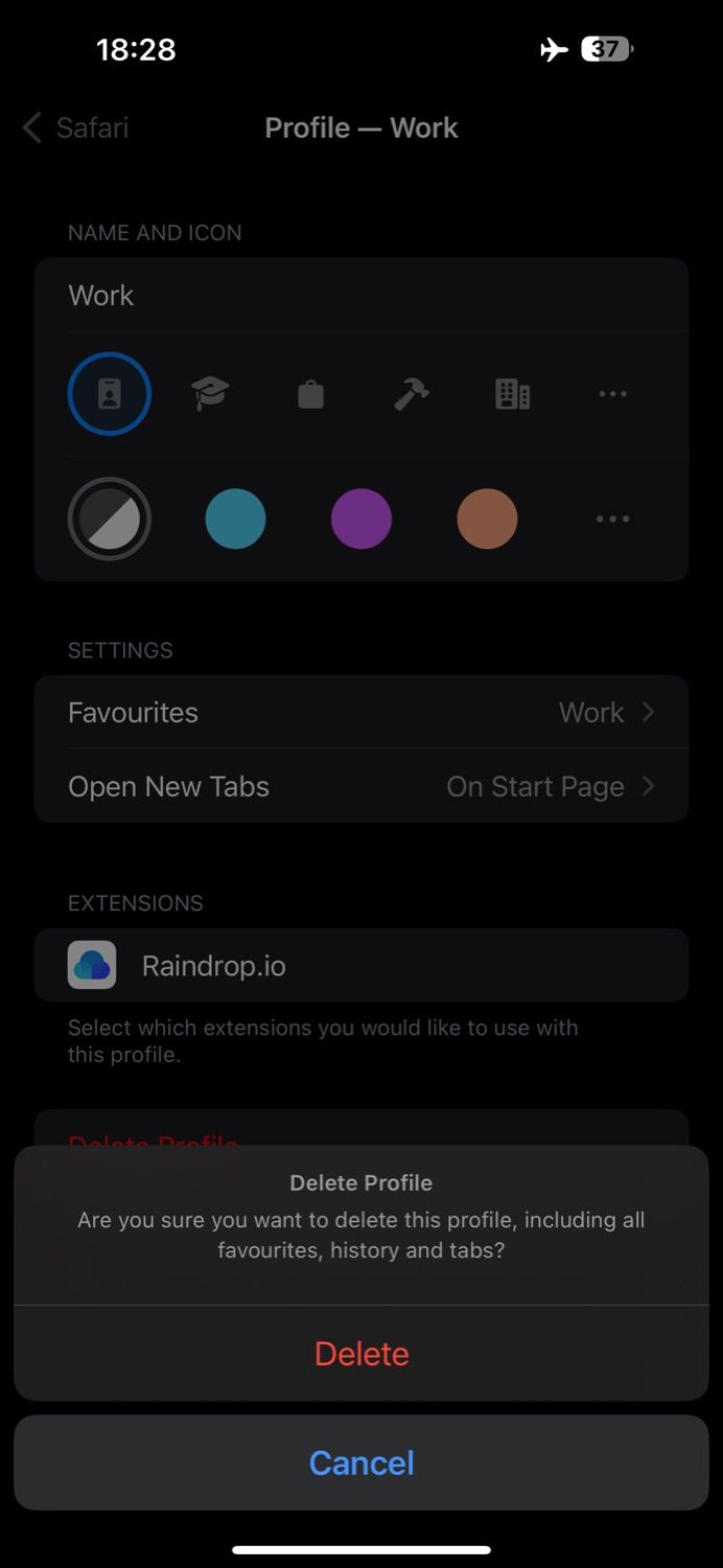 Подтверждение удаления профиля Safari