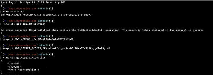 Вывод версии AWS CLI и экспорт ключей окружения