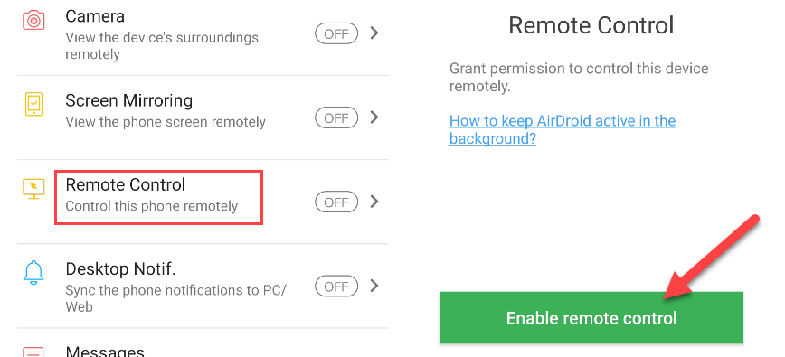 Опция Remote Control и кнопка Enable