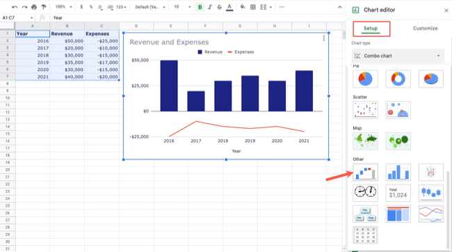 Выбор Waterfall в Chart Type для сложенной диаграммы