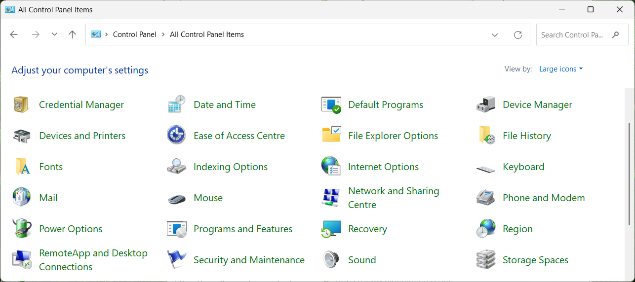 Список элементов Панели управления в Windows 11