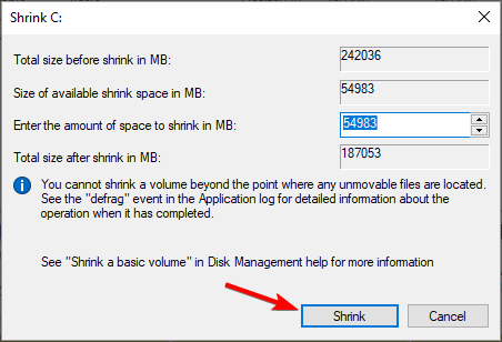 Поле для указания размера сжатия тома