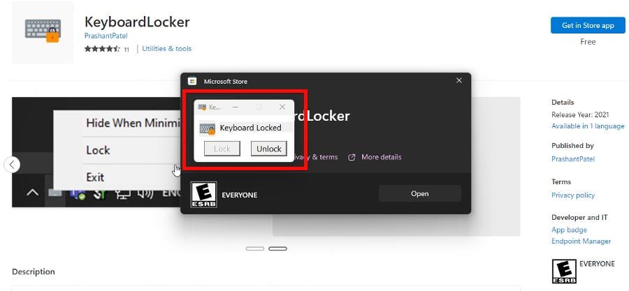 Интерфейс приложения KeyboardLocker с кнопкой Lock