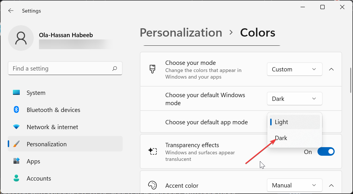Выбор тёмного режима для приложений