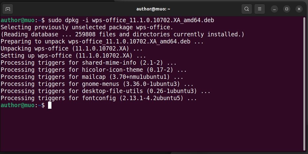 Установка WPS Office через dpkg в терминале