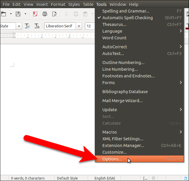 Диалог «Инструменты → Параметры» в LibreOffice на Linux